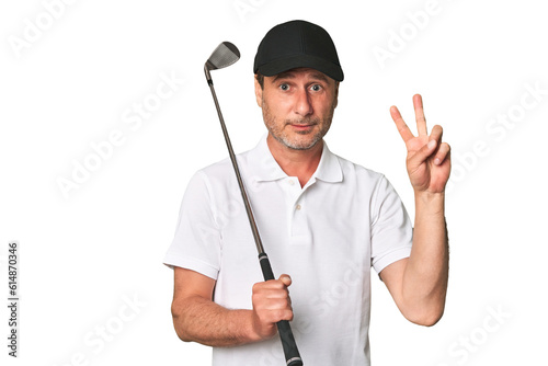 Middle aged golfer man showing number two with fingers.