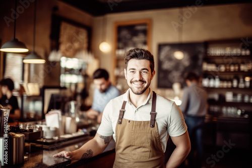 Portrait of a happy and smiling waiter, or small business owner in the coffee shop. 