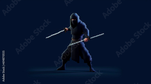 Black Ninja in Pixel Style, with two swords on a dark background
