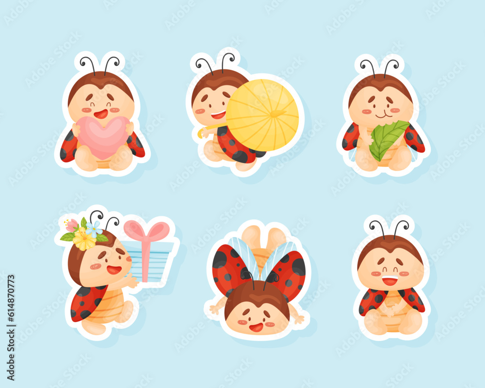 Cute Ladybird with Spotted Wings Vector Sticker Set Cute Ladybird with Spotted Wings Vector Sticker Set