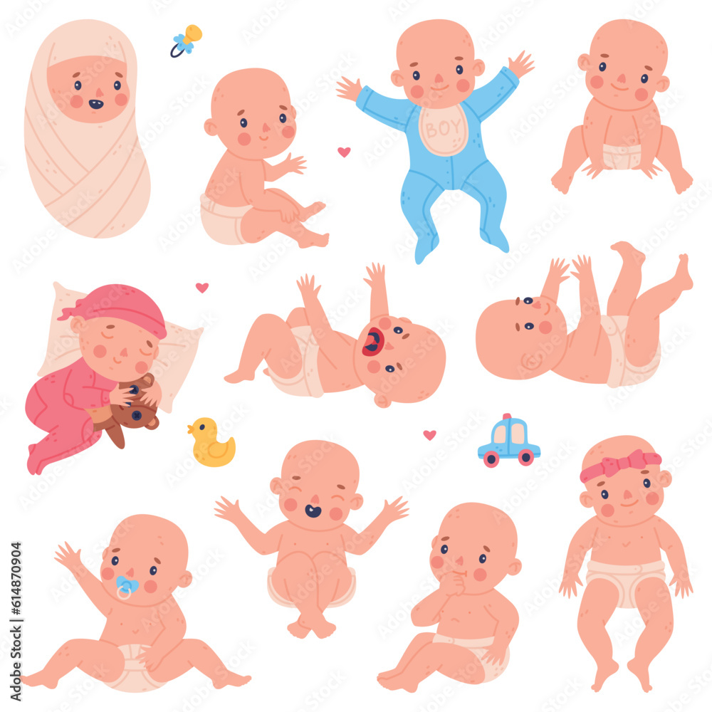 Cute Little Baby or Infant in Diaper Vector Set