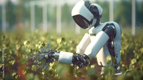 the robot works in agriculture taking care of plants and vegetables, growing plants without chemicals. The concept of a sustainable economy. Generative AI