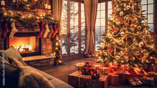 Nostalgic Christmas: A Cozy, Warm, and Festive Living Room with a Decorated Tree, Rustic Fireplace, and Traditional Holiday Decorations. 16:9 aspect ratio. Copy Space photo