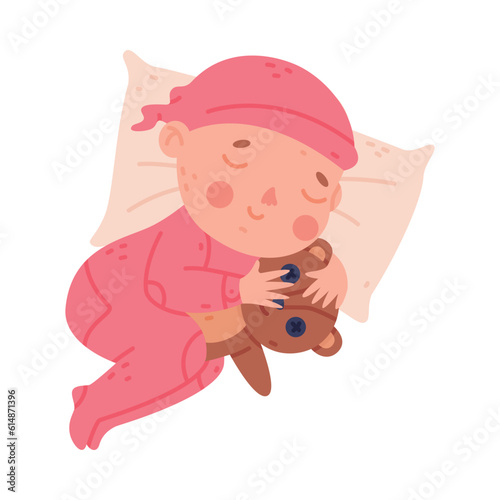 Cute Little Baby or Infant Sleep with Teddy Bear on Pillow Vector Illustration