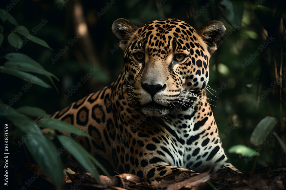 Obraz premium Jaguar in the rainforest. Generative AI