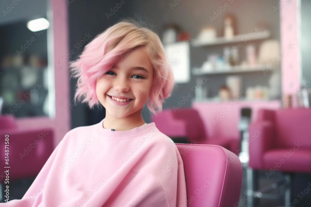 Child haircut salon. Portrait of child girl sitting in hairdressing