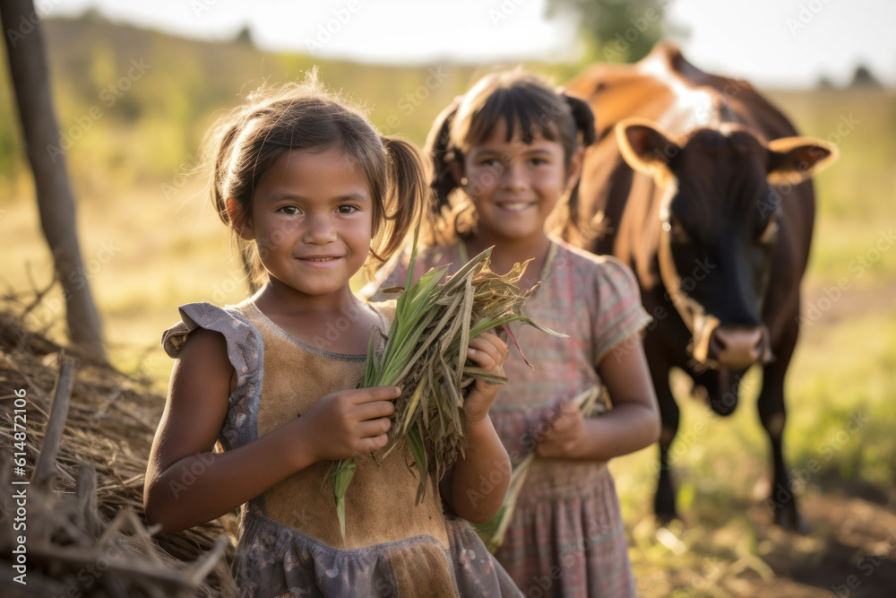 happy children at the livestock farm rejoice and help their parents. Generative AI