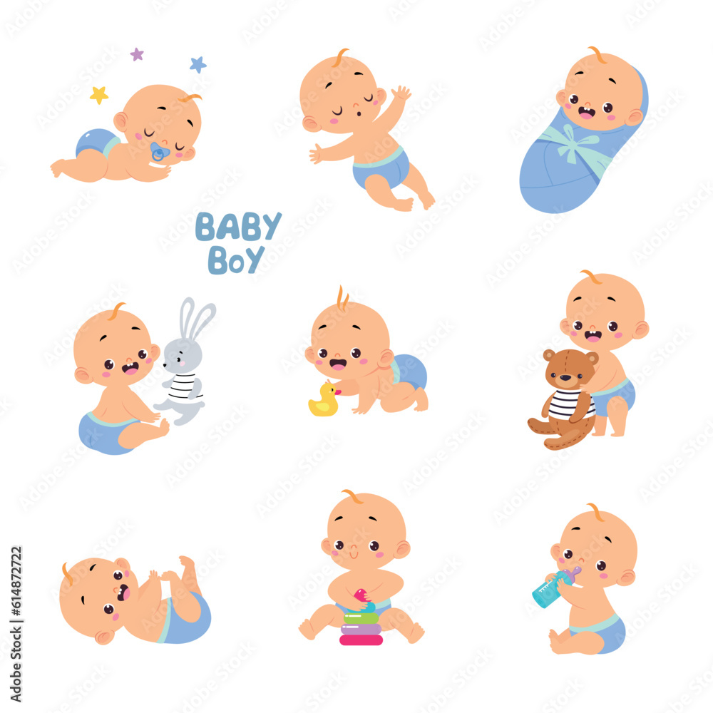 Cute Little Baby Boy or Infant in Diaper Vector Set