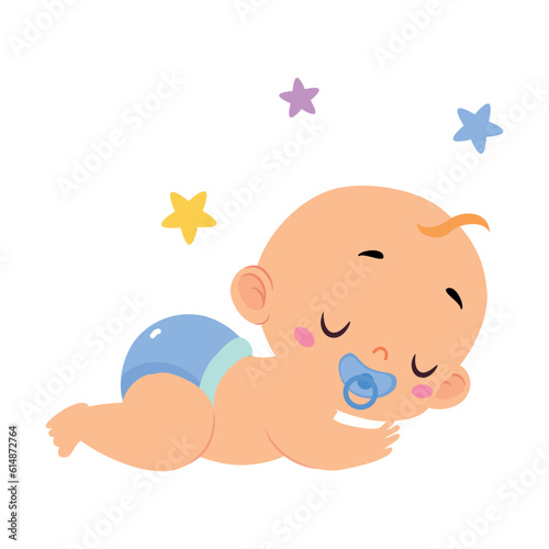 Cute Little Baby Boy or Infant in Blue Diaper Sleep with Pacifier Vector Illustration