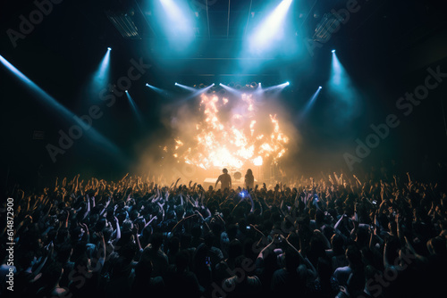 crowd of people watching and dancing to a metal show with fire stageshow photo
