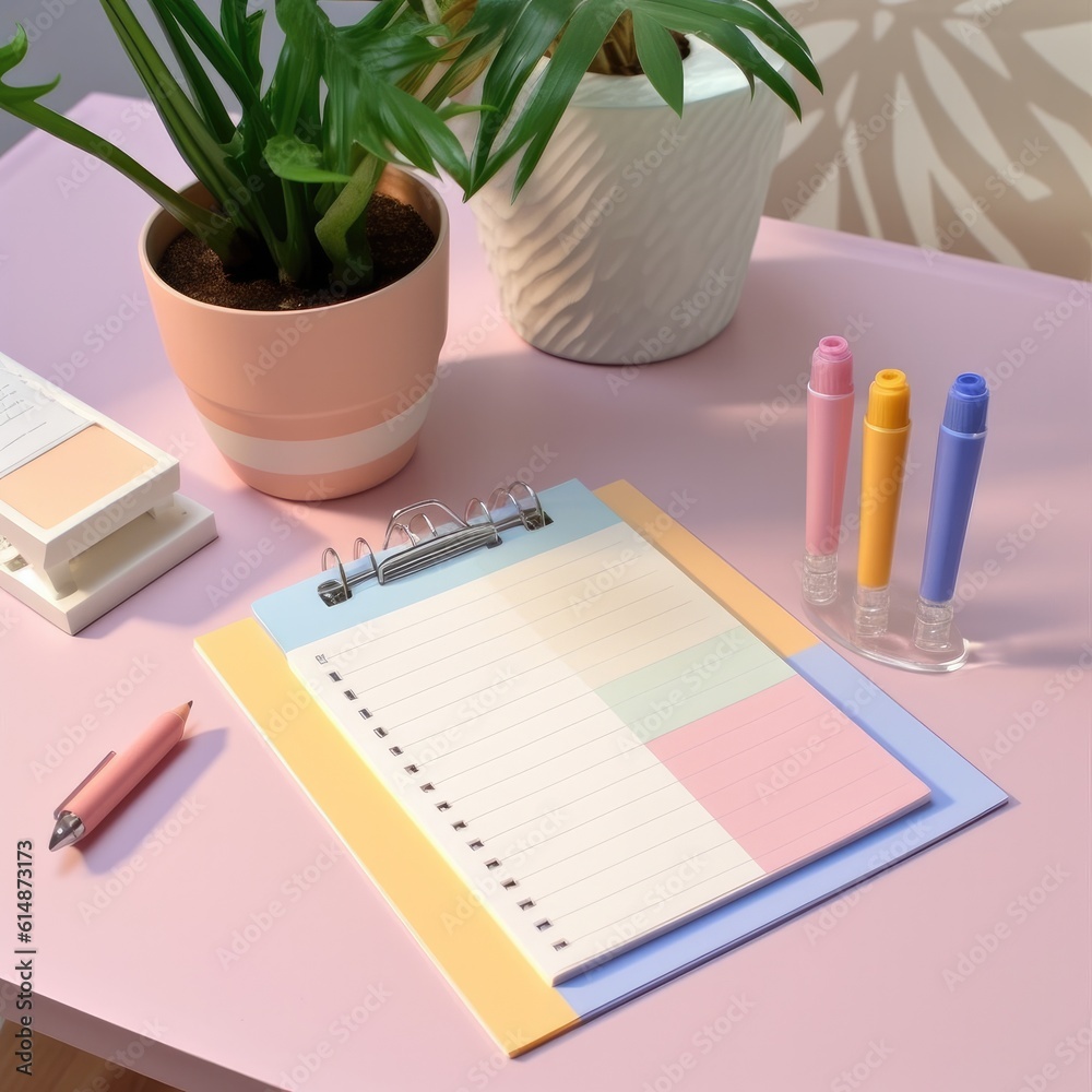 To do list in spiral notepad with pastel pink background on table in kids room.Generative Ai. To do list in spiral notepad with pastel pink background on table in kids room.Generative Ai.