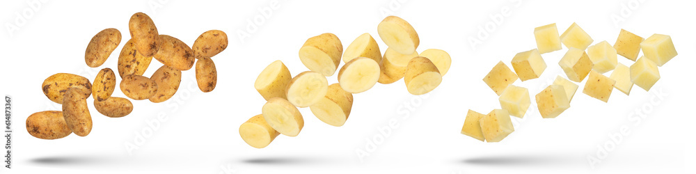 Flying vegetables set. Flying potatoes isolated on white background ...