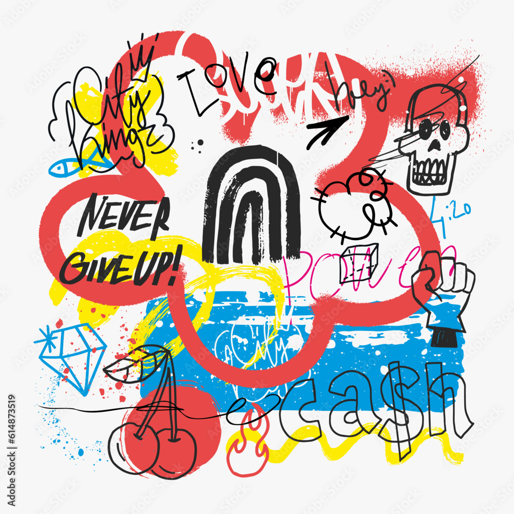 Fototapeta premium Abstract scribble texture. Urban graffiti background with tags, symbols, and paint splatters. Hand drawn graphic print in street art style. Ideal for poster, t-shirt, interior. Vector illustration.