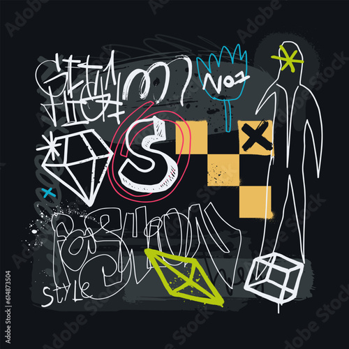 Abstract scribble texture. Urban graffiti background with tags, symbols, and paint splatters. Hand drawn graphic print in street art style. Ideal for poster, t-shirt, interior. Vector illustration.