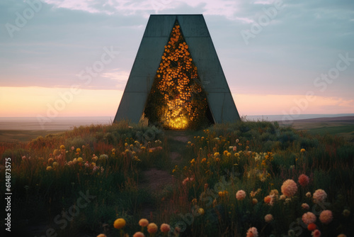 Brutalist monument on a flower covered hill on a sunny day  photo