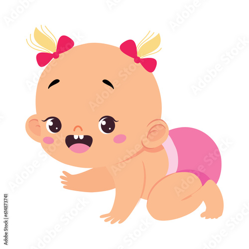Cute Little Baby Girl or Infant in Pink Diaper Crawling Vector Illustration