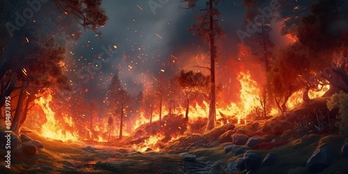 A coniferous forest with a small stream is engulfed in a terrible fire. Created with generative AI tools