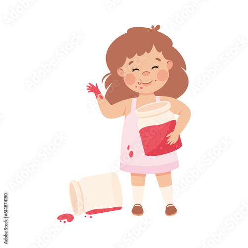 Little Girl Eating Sweet Jam from Jar with Hands Having Bad Behavior Vector Illustration