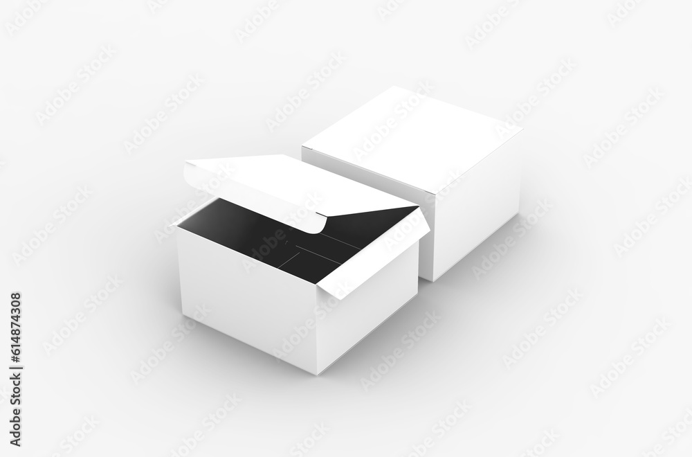 Opened square product box packaging mockup for brand advertising on a transparent background.