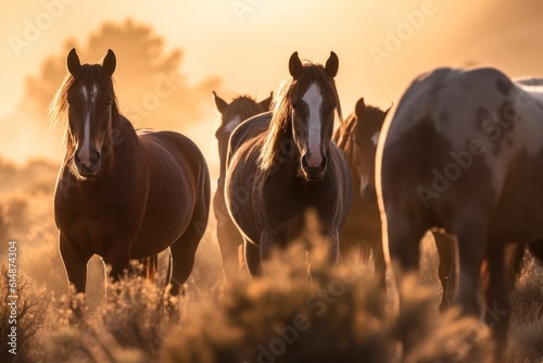 Wild horses in nature under the morning light. Generative AI