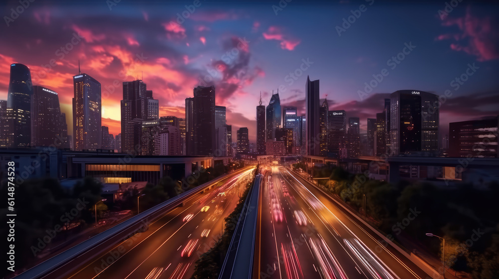 Japanese city in twilight, highway in downtown after sunset