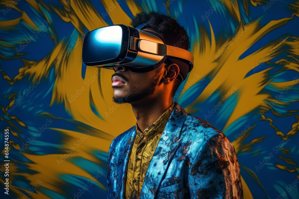 Modern man in blue futuristic costume with golden elements in virtual reality glasses on a golden background AI Modern man in blue futuristic costume with golden elements in virtual reality glasses on a golden background AI