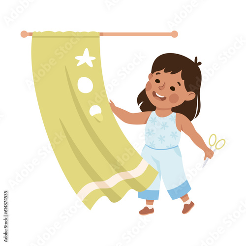 Little Girl with Scissors Cut Shower Curtains Having Bad Behavior Vector Illustration