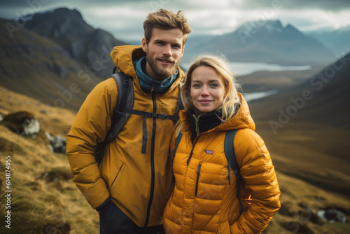 couple in outdoor clothing hiking in the mountains photo