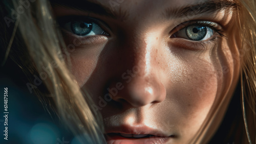 Close-up portrait of a beautiful woman with curly brown and reddish hair photo