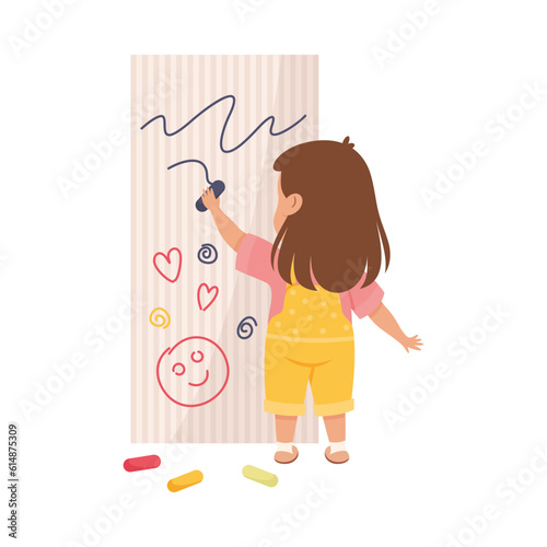 Little Girl Drawing on Wall with Crayons Having Bad Behavior Vector Illustration