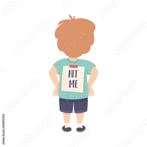 Bullied Boy Stand with Hit Me Paper on His Back Suffering from Mockery and Sneer Vector Illustration