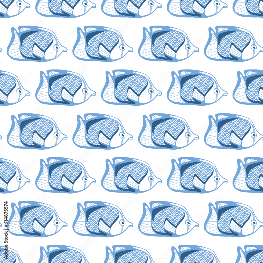 Fototapeta premium Seamless pattern with simple fishes and bubbles in doodle style. Vector marine background. Print for textiles, wrapping paper, wallpaper.