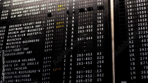 schedule of aircraft flights on an electronic scoreboard, travelling during covid-19 pandemic, concept delay, flight cancellation, arrival time, flight number, wait for the arrival of flight photo