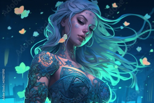 Woman with a tattoo, fantasy art, body covers with neon flowers, beautiful avatar pictures, intricate glow accents, transparent skin, detailed scene, full body art Generative AI