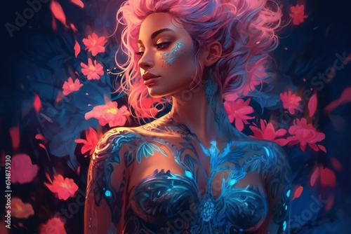 Woman with a tattoo, fantasy art, body covers with neon flowers, beautiful avatar pictures, intricate glow accents, transparent skin, detailed scene, full body art Generative AI