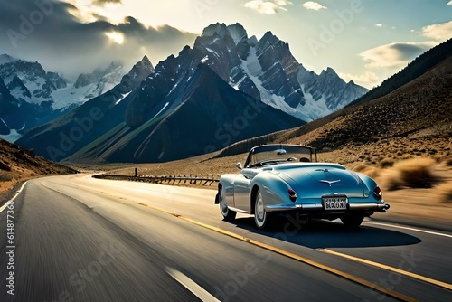 A classic convertible cruising along a winding mountain road surrounded by majestic snow-capped peaks (1) © Muhammad