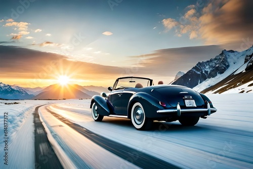 A classic convertible cruising along a winding mountain road surrounded by majestic snow-capped peaks  1 