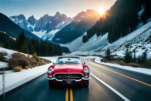 A classic convertible cruising along a winding mountain road surrounded by majestic snow-capped peaks (1) © Muhammad