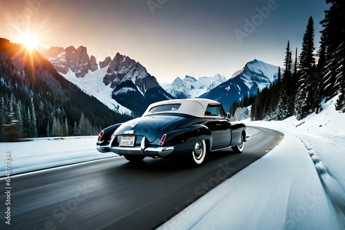 A classic convertible cruising along a winding mountain road surrounded by majestic snow-capped peaks (1)