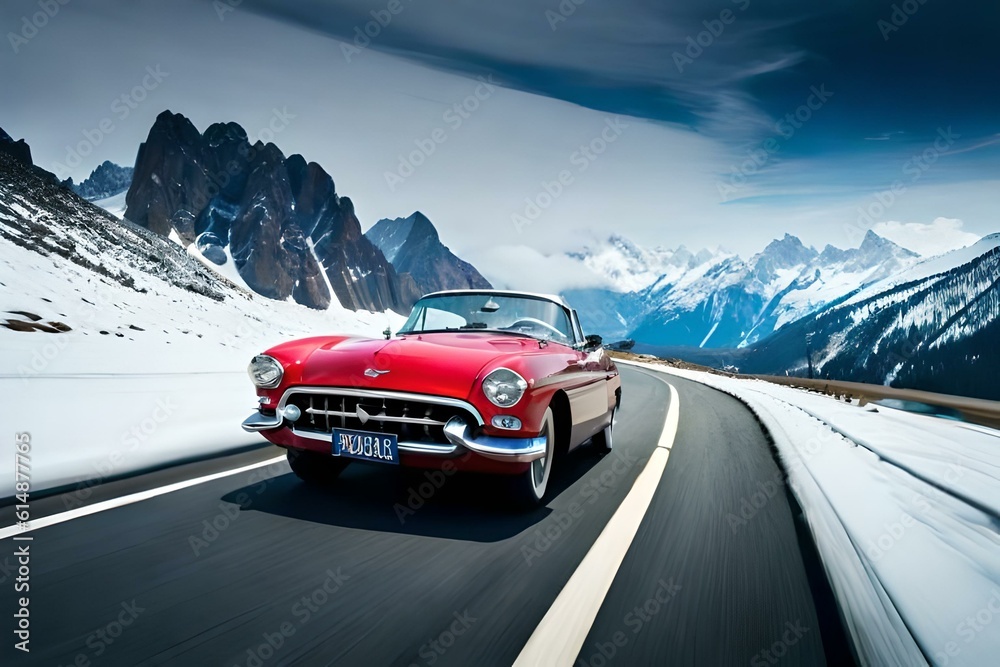A classic convertible cruising along a winding mountain road surrounded by majestic snow-capped peaks (1)