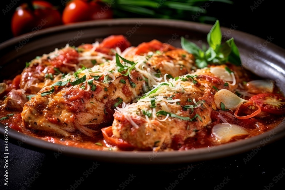 Pollo alla Cacciatora with slices of chicken, tomatoes, garlic, and herbs Pollo alla Cacciatora with slices of chicken, tomatoes, garlic, and herbs