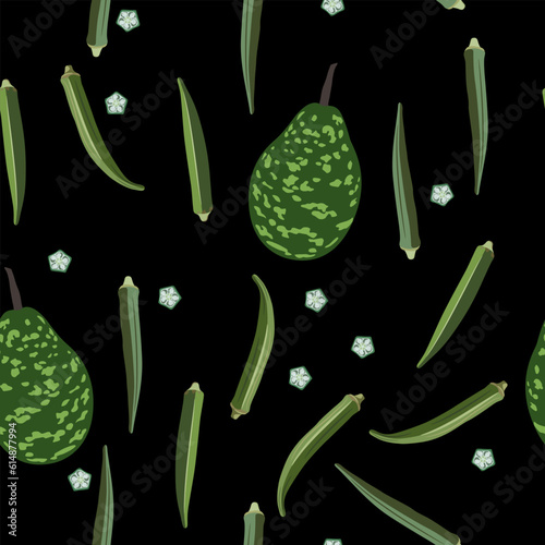 Seamless pattern with exotic vegetables. Pods or fruits and slices of okra and speckled bottle gourd or green calabash opo squash. On black background.