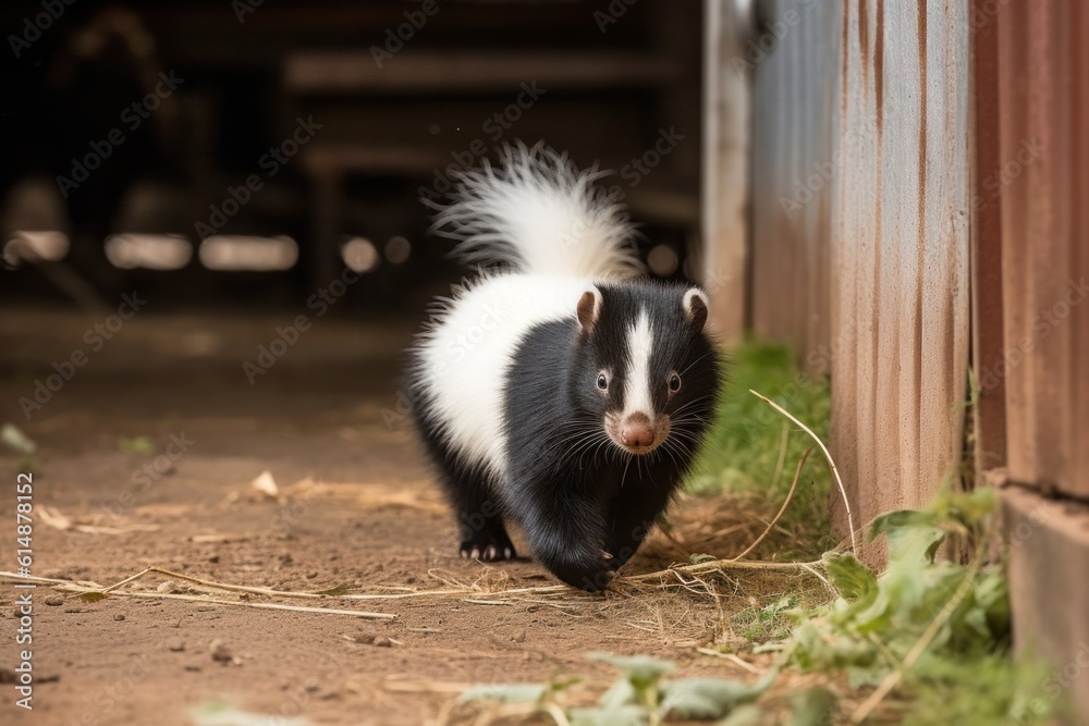 skunk walks in the farm yard. Generative AI skunk walks in the farm yard. Generative AI