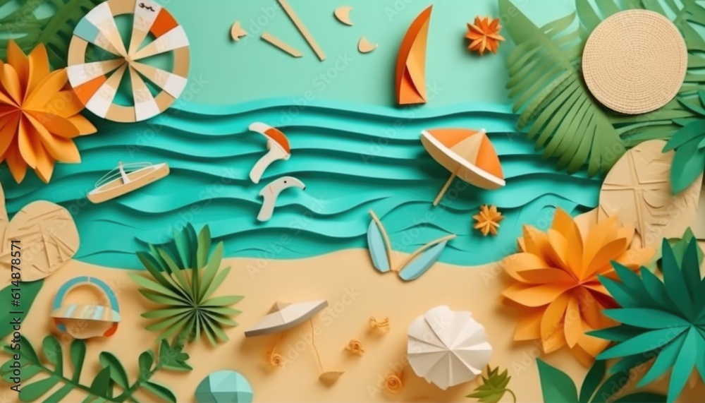 papercut illustration cut out style flat lay of vacation, surf sea summer