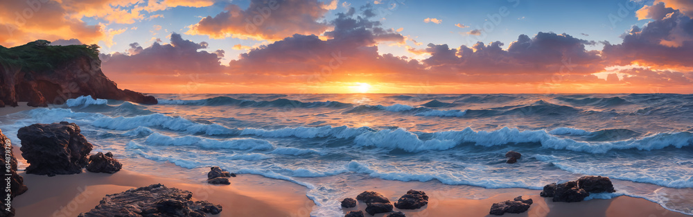 Panorama of a sunset over the ocean with waves crashing on the shore, rocks in the water, big stones in the foreground. Seascape illustration with sand beach, cloudy sky and setting sun. Generative AI