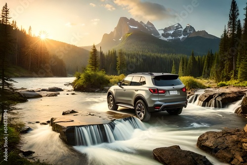 A rugged off-road SUV conquering a rugged terrain with a picturesque waterfall and dense forest in the background.