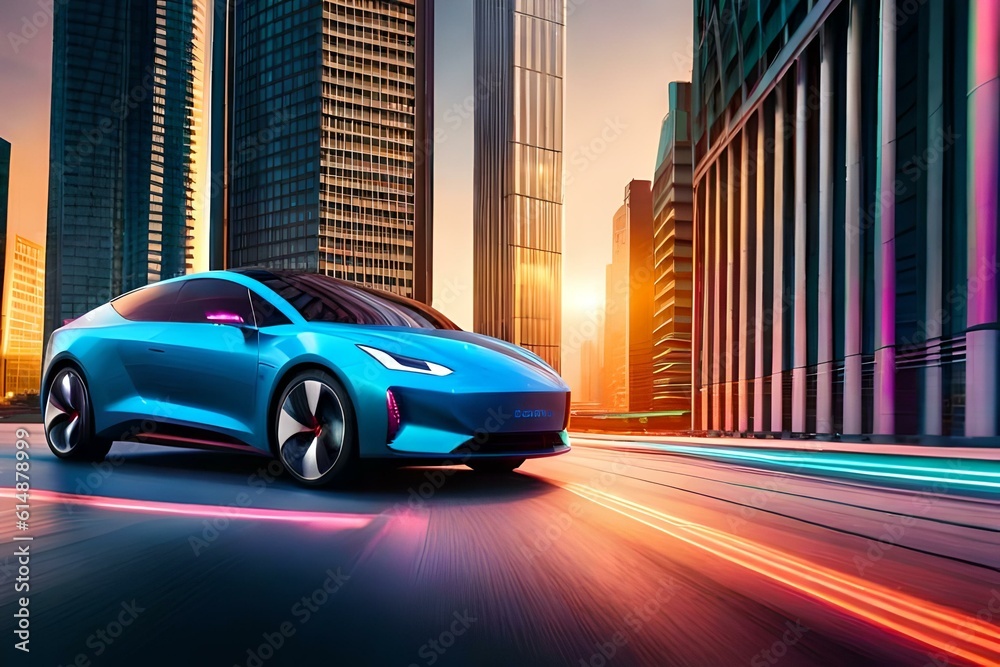 A sleek electric car driving through a futuristic cityscape illuminated by colorful neon lights.