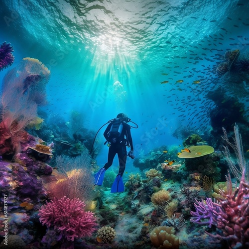 scuba diver and coral reef  underwater landscape  generative AI