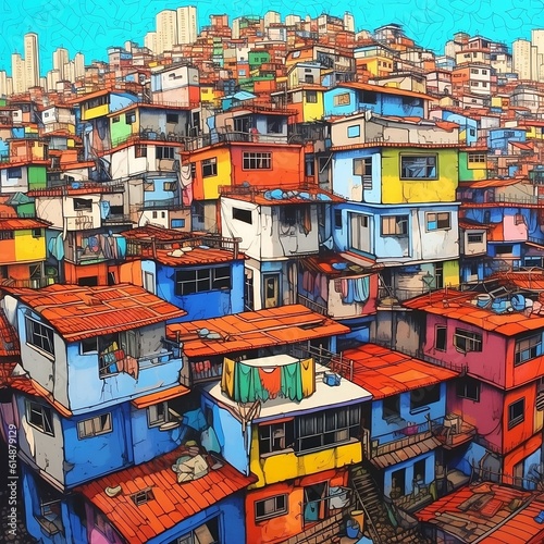 colourfull drawing of a favela in Brazil, generative AI photo
