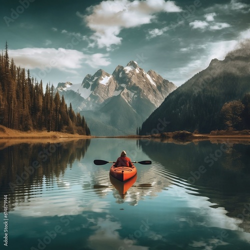 person riding a kayak in a beautiful lake with a forest and moutain view, generative AI